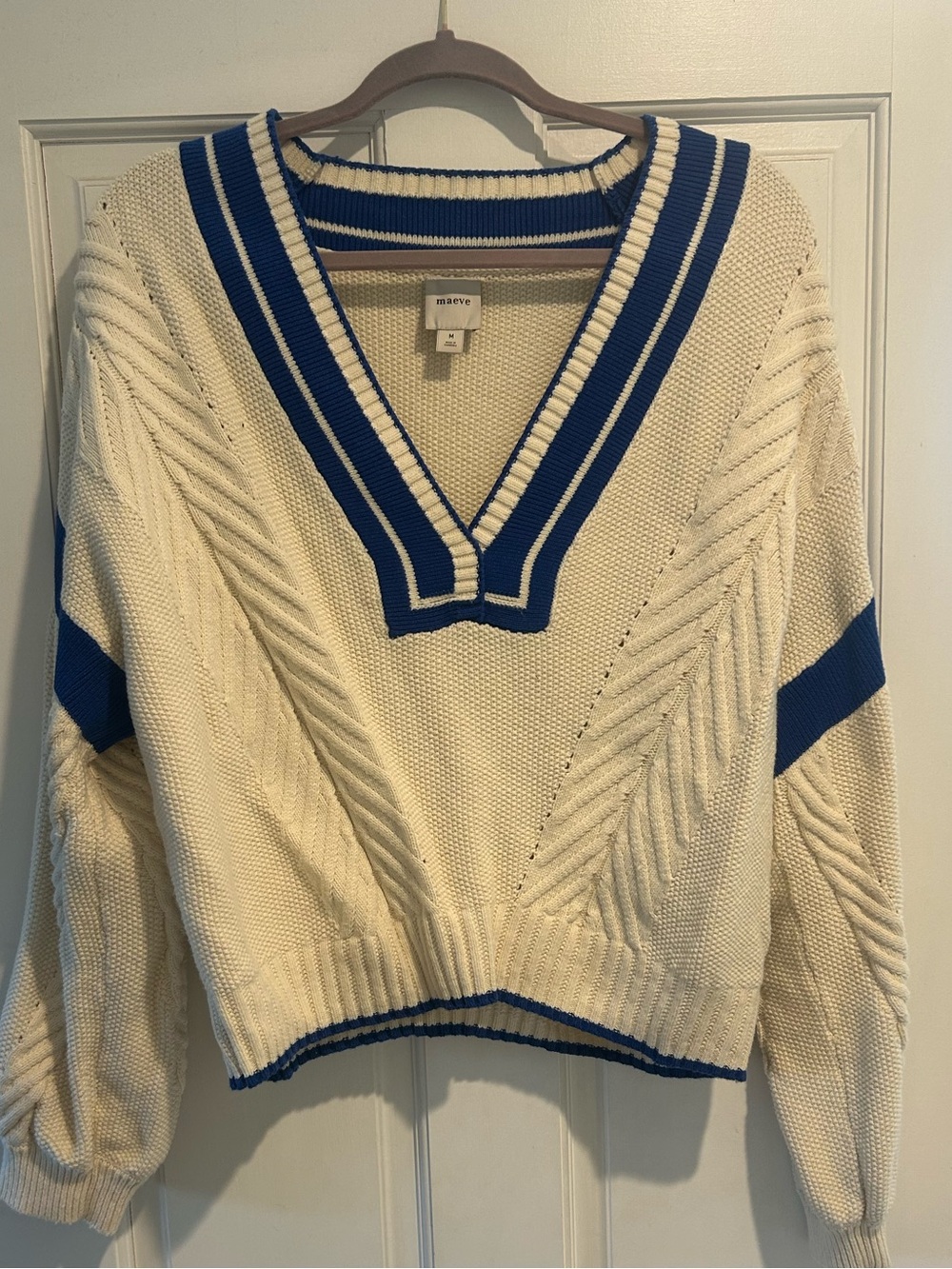 Maeve Cream V-Neck Sweater with Blue Trim